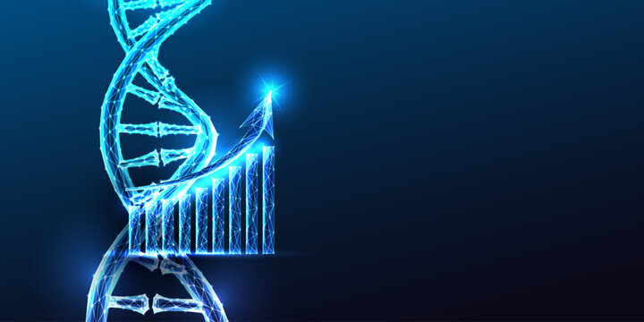 DNA Double Helix Biotech Market Growth Chart Investment Science Glowing Blue Polygonal Vector