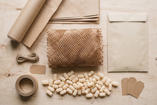 Eco Friendly Sustainable Business Shipping Packaging Materials Flat Lay
