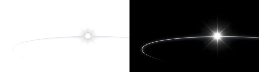 Star flare shining bright white above a curved orbit line featuring PNG, Transparent and Black Background Versions for space use © Guddoo