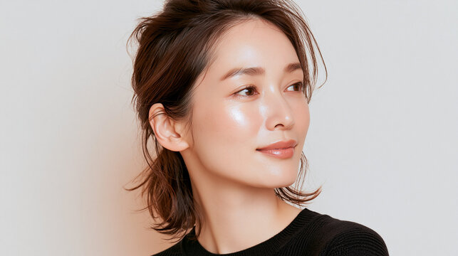 美容, 女性, スキンケア, 化粧品, ビューティー, 若い女性, 美肌, 日本人, アジア人, フェイシャル, メイク, 美容液, 保湿, クリーム, エイジングケア, 美容医療, エステ, 美容クリニック, 肌ケア, ナチュラルメイク, 透明感, ツヤ肌, モデル, 笑顔, ポートレート, クローズアップ, リラックス, 癒し, 健康的, 美白, コラーゲン, ヒアルロン酸, アンチエイジング