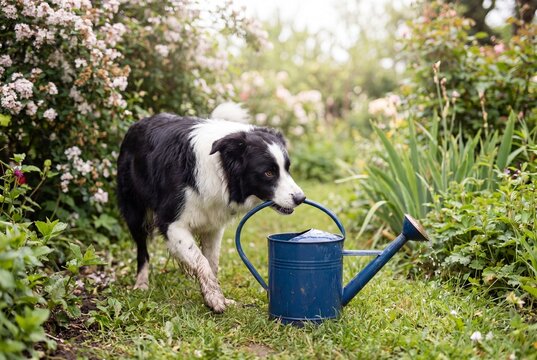 Border Collie Dog Playing with Blue Watering Can in Garden