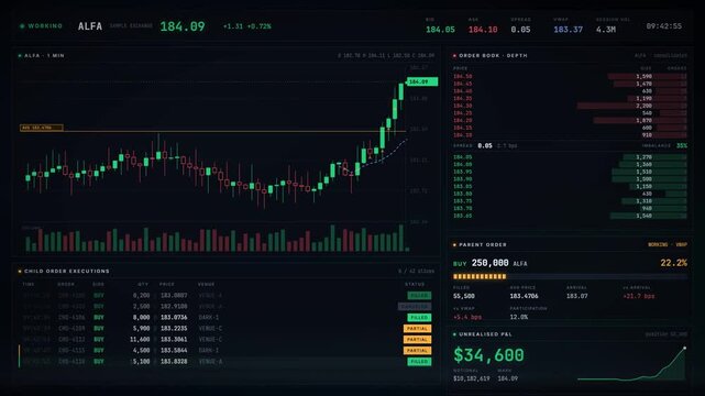 Algorithmic trading terminal executing a large buy order with live order book and profit