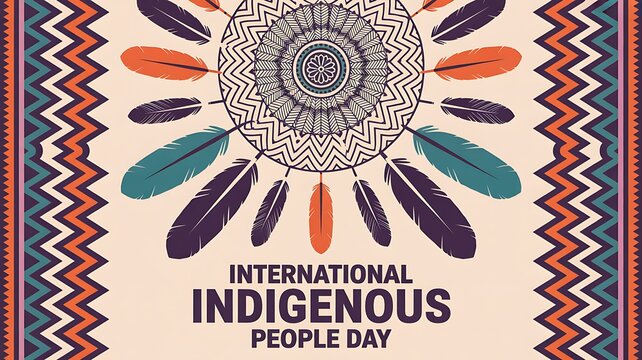 International indigenous people day design with dreamcatcher, feathers and colorful tribal patterns