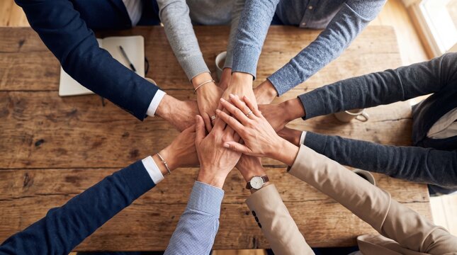 Top down view of diverse business team stacking hands together in center of wooden table symbolizing unity, partnership and successful collaboration, corporate group teamwork
