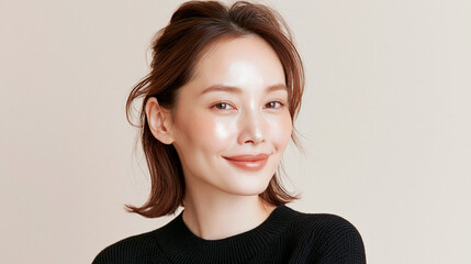 Fototapeta premium 美容, 女性, スキンケア, 化粧品, ビューティー, 若い女性, 美肌, 日本人, アジア人, フェイシャル, メイク, 美容液, 保湿, クリーム, エイジングケア, 美容医療, エステ, 美容クリニック, 肌ケア, ナチュラルメイク, 透明感, ツヤ肌, モデル, 笑顔, ポートレート, クローズアップ, リラックス, 癒し, 健康的, 美白, コラーゲン, ヒアルロン酸, アンチエイジング