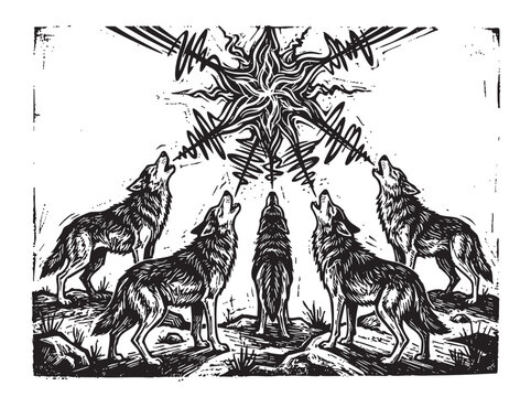 Vintage woodcut style wolves howling at night. Old master sketch of four gray wolves standing on rocky hill howling at moon. Encirclement tree center animal illustration.