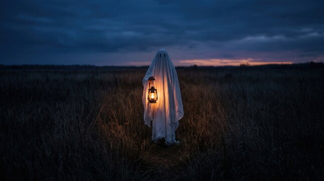 Sheet ghost hold vintage lantern in meadow at dusk for Halloween horror concept