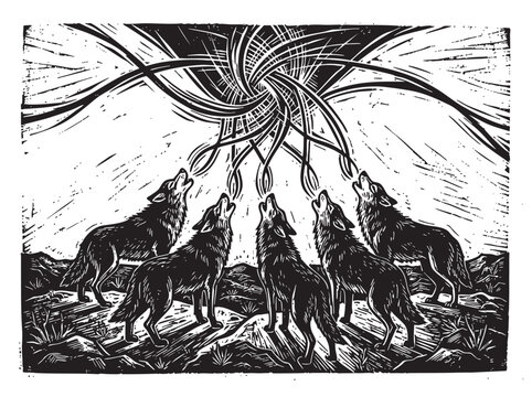 Vintage engraving style pack of howling wolves, monochrome black and white vector illustration of wild animals with magic cloud, old etching art for tattoo or album cover, forest creatures pack