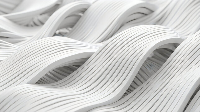 White abstract parametric wave pattern with slatted ribbon layers and smooth curves.