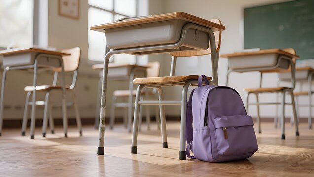 Lavender Backpack Under White School Desk with Chair Tucked In