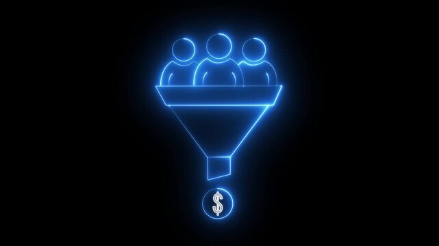 Glowing neon Sales Funnel Icon isolated on black background. sales funnel conversion concept with person and dollar coins. Perfect for digital marketing presentations and website content.