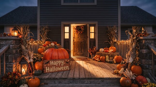 Pumpkin display on wood porch with happy halloween sign and lantern for autumn holiday home decor