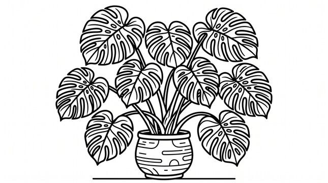 Monstera deliciosa line art illustration, potted tropical houseplant coloring page, black and white botanical drawing for home decor