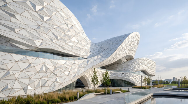 Wide shot of a modern white building featuring a dynamic tessellated geometric facade and outdoor plaza.