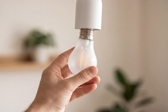 Human hand inserting energy efficient light bulb in socket