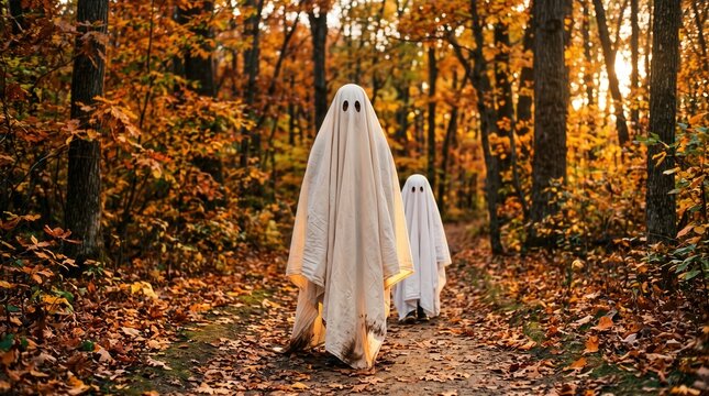 Ghost figure in white sheet stand on autumn forest path for spooky halloween concept