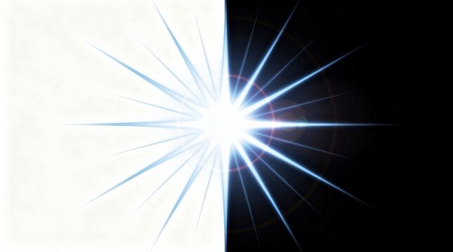 A bright white light burst is centered on a sharp division between a white and black background, creating a visually striking contrast.