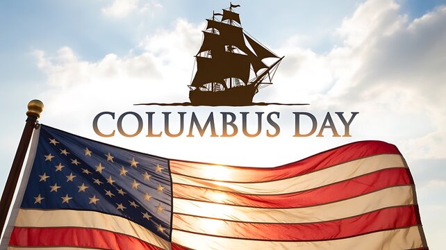 Columbus day celebration with american flag and historic sailing ship under a bright cloudy sky