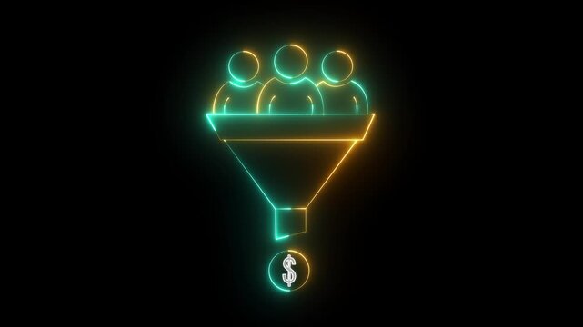Glowing neon Sales Funnel Icon isolated on black background. sales funnel conversion concept with person and dollar coins. Perfect for digital marketing presentations and website content.