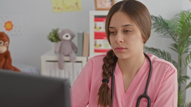 Woman doctor with stethoscope at computer, chin resting on hand, wearing pink scrubs in medical building; concerned focus.