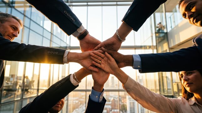 Diverse business team joining hands together in unity, symbolizing corporate partnership and teamwork success in modern office building with city view background