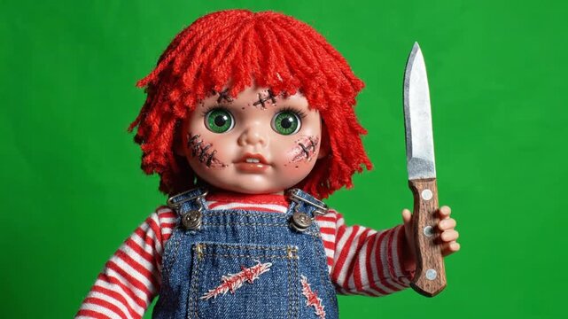 Creepy Red-Haired Doll Holding Knife Green Screen Chroma Key. 4K Video
