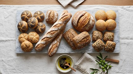 Fototapeta premium Assorted artisan breads on marble with olive oil.