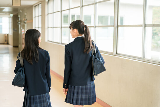 The back view of a friend walking down a school corridor (elementary school, middle school, and high school students, including female high school students, in their school uniforms)