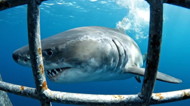 Great White Shark swims near cage underwater ocean predator dangerous marine life