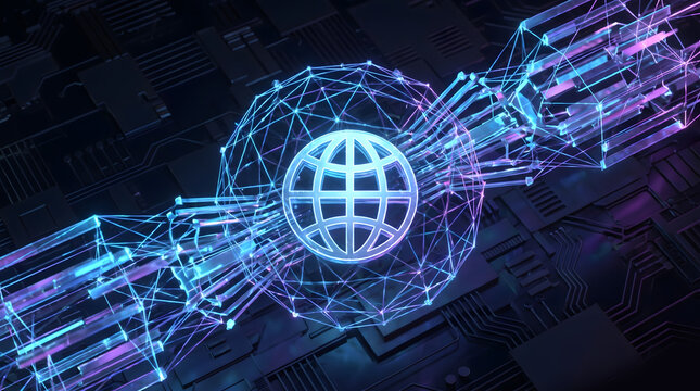 3D illustration of glowing wireframe sphere with internet globe symbol connected to blockchain blocks on circuit board web3 network concept