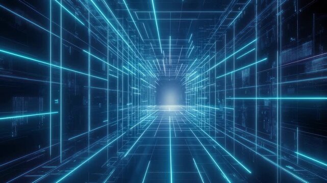 Futuristic digital tunnel with glowing blue lines, creating a sense of endless depth. The video captures a straight-on angle for immersive effect. Live desktop wallpaper.