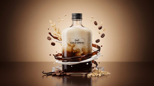 Oat Cold Brew Coffee Bottle with Milk Swirl Ice and Splash 3D CGI