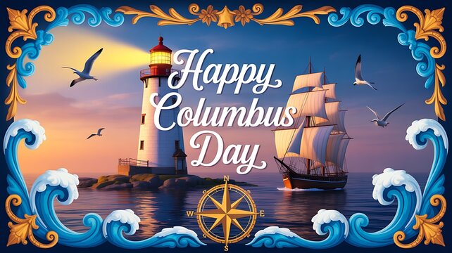 Happy columbus day celebration with sailing ships lighthouse ocean and nautical design