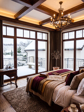 Bedroom with a large bed and a chandel