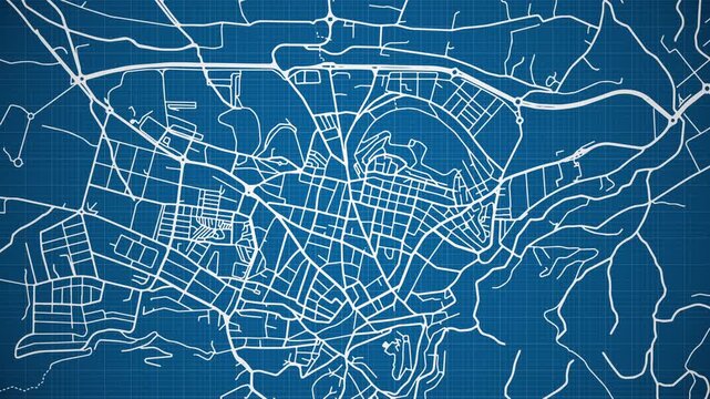 Ink reveal animation of Antequera city, Spain (Espa&ntilde;a) grid map. Aerial top view. Blueprint style. White lines with blue background. 4K Seamless loop.