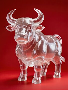 A powerful Chinese zodiac ox sculpture constructed from transparent inflatable plastic, broad shoulders, curved horns, muscular rounded body and short legs, realistic plastic creases