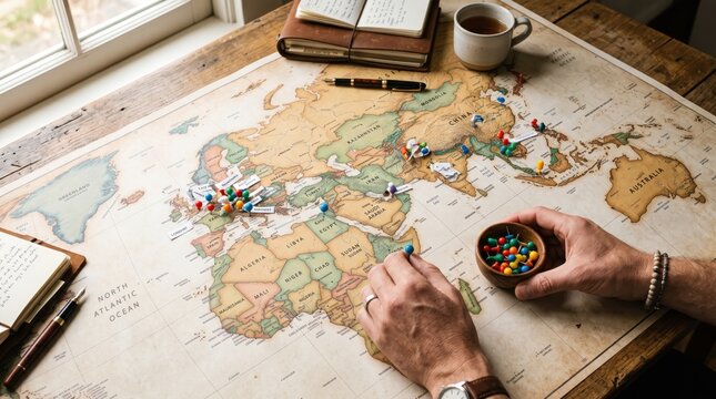 Vintage style world map spread on rustic wooden desk with colorful push pins marking travel destinations across Europe and Asia, hands placing pin, coffee cup and notebook nearby