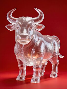 A powerful Chinese zodiac ox sculpture constructed from transparent inflatable plastic, broad shoulders, curved horns, muscular rounded body and short legs, realistic plastic creases