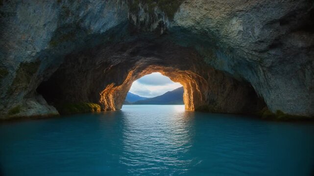 Scenic natural marble caves chili formation over blue lake water