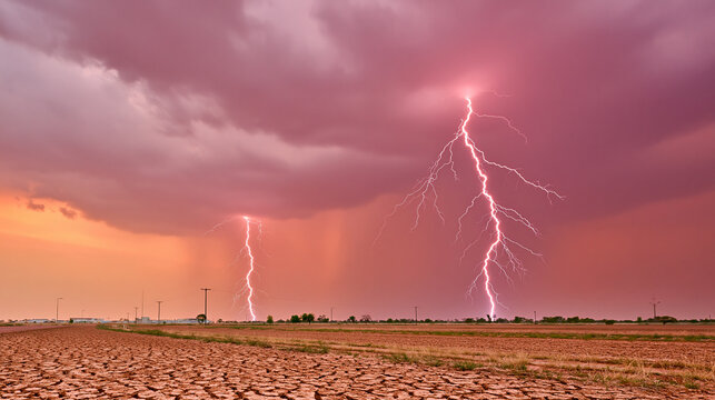 Powerful lightning strikes flashing across a dramatic stormy sky over a rural field with dark clouds