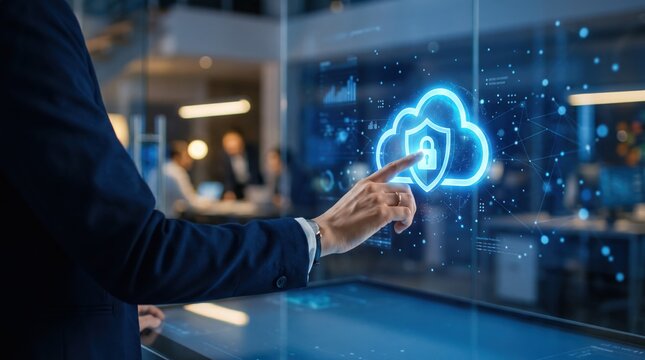 Businessman touching holographic cloud security icon on futuristic glass interface, representing cybersecurity data protection and digital privacy technologys in modern office