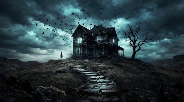 Haunted abandoned mansion on stormy hill with eerie silhouettes and flying crows