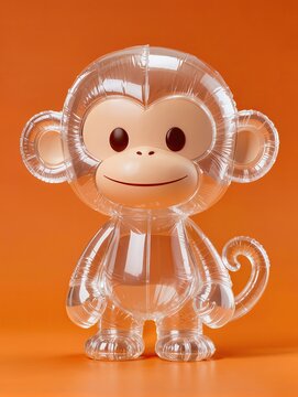 A playful Chinese zodiac monkey sculpture formed from transparent inflated plastic bags, expressive face, curled tail, rounded hands and feet, complex wrinkles and seams throughout the inflated body