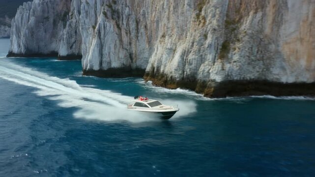 White yacht speeding past marble caves chili in turquoise water