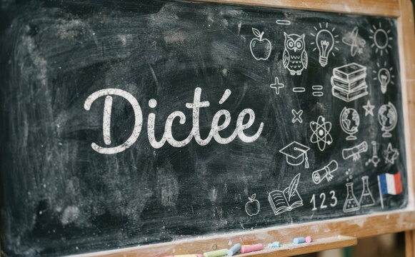 Dict&eacute;e en fran&ccedil;ais sur tableau noir pour l'apprentissage de l'orthographe et la dict&eacute;e en classe