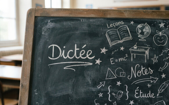 Dict&eacute;e - Le&ccedil;ons, notes et &eacute;tude sur tableau noir d'une classe d'&eacute;cole pour l'apprentissage