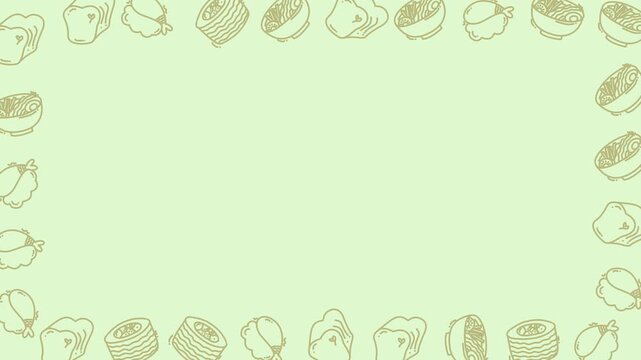 Light Green Japanese Food Doodle Border Frame Pattern Animation with Copy Space and Seamless Loop 4K