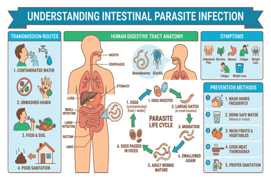 Detailed medical infographic explaining intestinal parasite infections, highlighting parasite entry, intestinal colonization, common symptoms, and preventive healthcare practices.