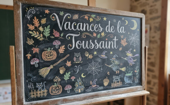 Vacances de la Toussaint tableau noir ecole automne halloween illustration vectoriel design
