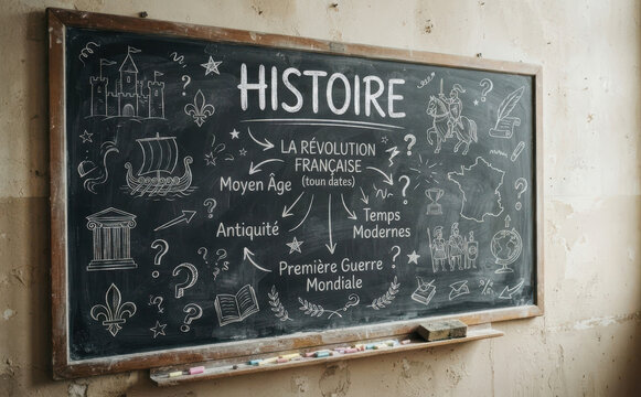 HISTOIRE Tableau noir avec des frises chronologiques et des dessins scolaires pour &eacute;ducation